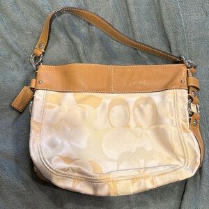 Coach Cream Signature Jacquard Shoulder Bag with Tan Leather Trim